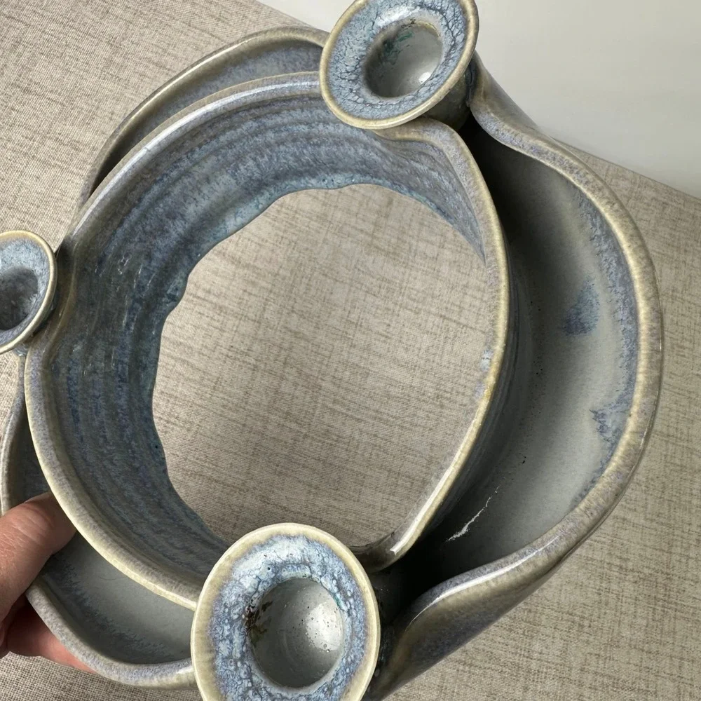 Signed Studio Pottery Triple Candle Holder Blue Gray Glazed Stoneware Pottery
